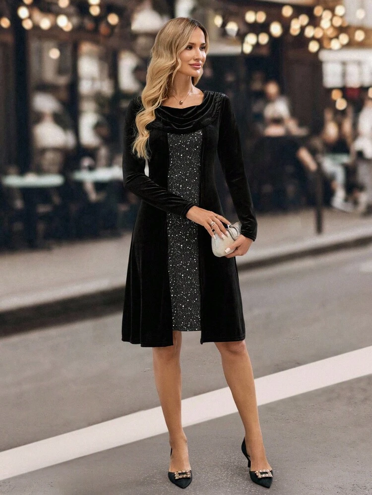 Abito di moda a maniche lunghe con scollo a V profondo e patchwork di paillettes per donna