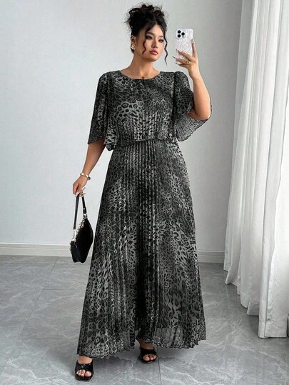 Elenzga Plus Size Elegant Leopard Print Chiffon Pleated Dress, Spring/Summer Maxi Dress Casual Long Dress Dresses For Women Elegant Women Maxi Dresses Leopard Print Maxi Dress Pleated Long Dress Modest Two Piece Set Black And Silver Dress Casual Maxi Dress Pleated Maxi Dress Leopard Print Dress Dresses For Women Elegant Maxi Dresses