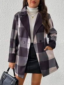 EMERY ROSE Plus Size Women Elegant Plaid Long Sleeve Jacket, Suitable For Commuting - Navy Blue - View 1