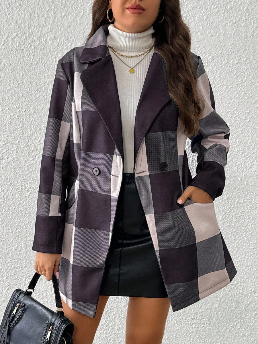 EMERY ROSE Plus Size Women Elegant Plaid Long Sleeve Jacket, Suitable For Commuting - Navy Blue - View 1