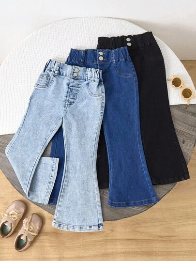 Genkimix Kids 3pcs Young Girls Denim Flare Pants Set, Includes Denim Pants + Solid Color Denim Pants, Slim Fit Stretchy, Casual Vacation & Street Fashion Style, Suitable For Spring/Summer Three Pairs Of Jeans Together For Girls Kids Flared Jeans
