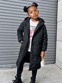 SHEIN Abrigo acolchado largo y cálido con patrón de diamantes básico informal para niñas preadolescentes, adecuado para otoño/invierno