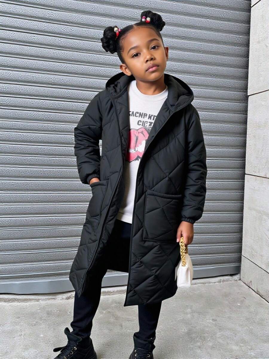 SHEIN Abrigo acolchado largo y cálido con patrón de diamantes básico informal para niñas preadolescentes, adecuado para otoño/invierno