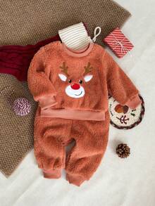 Playful Pals 幼儿男童可爱棕红色刺绣鹿绒圆领长袖上衣和羊毛裤套装，适合居家、休闲、日常穿着、角色扮演、秋冬 - 橘色 - 查看 3