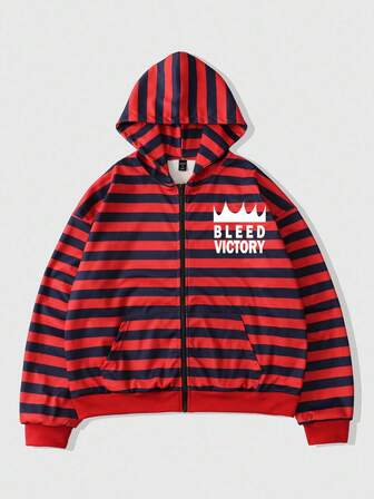 Street Life Herren gestreifter & Buchstaben bedruckter Kapuzen-Reißverschluss Langarm Sweatshirt, Herbst