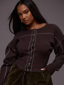 MUSERA Plus Size Contrast Stitch Popper Long Sleeve Cardigan Everyday Casual Cool Girl Streetwear Uncut Evening Party Elegant Spring - Chocolate Brown - View 2