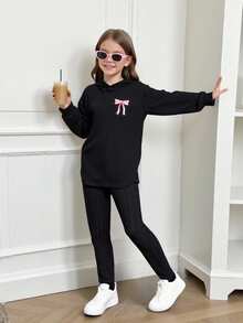 2pcs/Set Girls Ribbed Knit Fleece Warm Hooded T-Shirt Set,Cute Embroidered Bow,Curved Hem,Black Pink,Autumn,School,Back-To-School Stretchy Fitted Wear - Black - View 3
