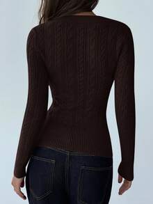 Aloruh Áo len dệt kim cáp cổ chữ V sâu tay dài thời trang mới, áo len đa năng cho phụ nữ trẻ vào mùa thu/đông - Cà phê nâu - Xem 2
