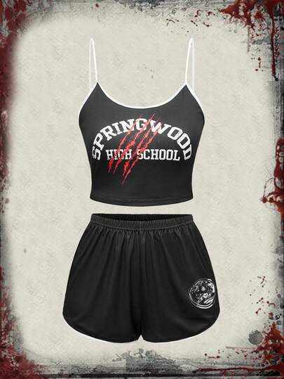 A Nightmare on Elm Street X ROMWE Letter Graphic Ringer Camisole Top & Shorts Pajama Set