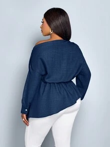 SOLERSUN 女式加大码秋冬纯色不对称领长袖侧抽绳褶饰时尚衬衫，不对称下摆蓝色梭织面料购物约会衬衫 - 藏蓝色 - 查看 2