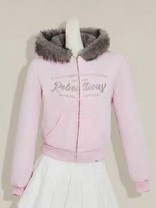 SHEIN ICON 女士蓬松连帽衫粉色刺绣休闲户外街头风格短款拉链夹克，适合秋冬女士 - 粉色 - 查看 4