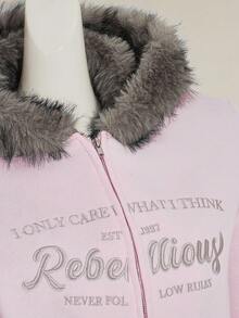 SHEIN ICON 女士蓬松连帽衫粉色刺绣休闲户外街头风格短款拉链夹克，适合秋冬女士 - 粉色 - 查看 5