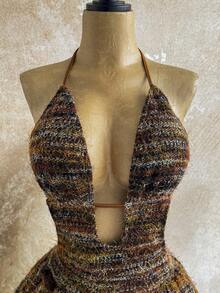 Soleia 女士度假复古人造毛皮纹理 V 领露背系带迷你连衣裙，带荷叶边下摆，适合派对、性感、约会、下午茶、波西米亚风 - 彩色 - 查看 5