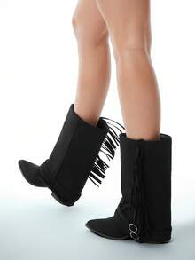 Solezae Women's Glamorous Sexy Pointy Toe Faux Suede Chunky Heel Mid-Calf Slouchy Boots - Black - View 5