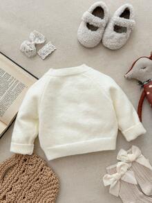 Blossori 女婴法式优雅刺绣口袋前扣长袖针织开衫 - 白色 - 查看 2