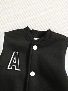 SHEIN 2件套婴儿/男婴/女婴加厚抓绒撞色棒球外套套装，适合秋冬季、节日、街头服饰、运动服、慢跑裤、圣诞派对等场合。 - 黑與白 - 查看 6