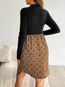 SHEIN Maternity Stand Collar Long Sleeve Patchwork Heart Print Button Design Casual Nursing Dress  Brown - Multicolor - View 2