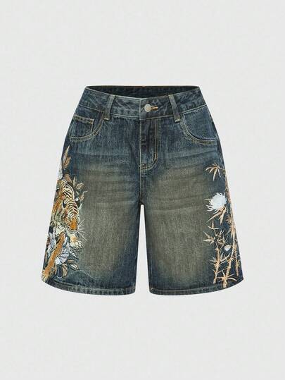 ROMWE Avant Jeans unisexes à taille basse, coupe ample et style de rue rétro avec broderie de tigre et de fleurs chinoises