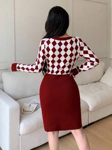 Modelyn Women's Rhombus Pattern Long Sleeve Fitted Elegant Knit Dress, Autumn/Winter - Red - View 4