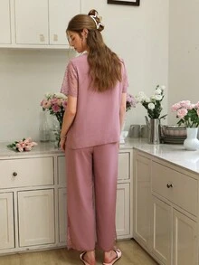 Lace Patchwork Sheer Short Sleeve Top With Pants Women Pajama Set Lounge Set - Dusty Pink - View 2