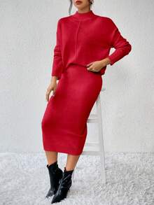 Almamuse Set de suéter de 2 piezas con top de manga larga de cuello alto y falda de punto casual - Rojo - Ver 3