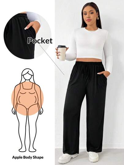 Shapeblank Plusstorlek dam äppelformad kropp svart lätt och andningsbar issidens stickade joggingbyxor, svarta byxor, hudvänligt slätt tyg, enfärgad avslappnad lös passform med fickor och dragsko i midjan, flygplatsoutfit, vinterbyxor för kvinnor, casual outfits för kvinnor