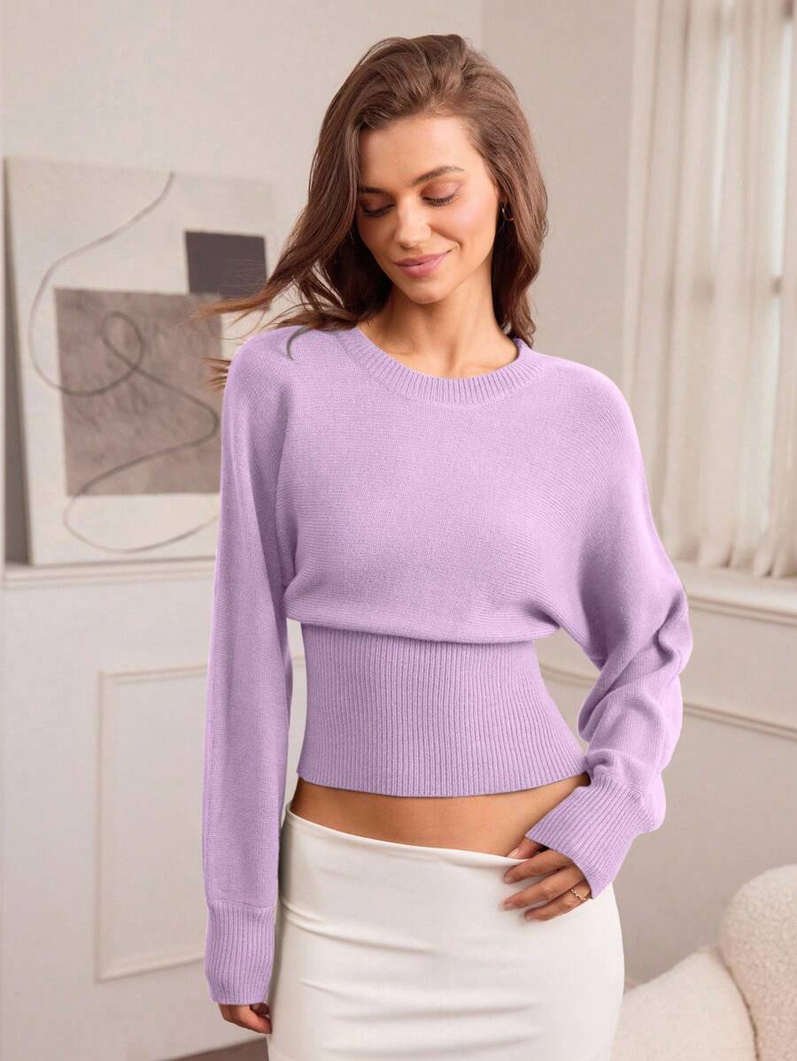 Hanevo Casual Round Neck Drawstring Waist Slim Fit Solid Color Knit Sweater, Versatile For Autumn/Winter - Mauve Purple - View 1