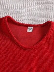 Genkimix Kids 3 sztuki/zestaw kompletów dla nastolatek, zawiera jednokolorową dzianinową bluzkę, koszulę z długim rękawem i plisowaną spódnicę, strój jesienny - Czerwony - Zobacz 5