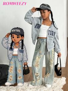 秋冬女童英文印花连帽拉链夹克 - 撞色字母印花混合街头风格，适合秋冬季的温暖针织面料，略微宽松的版型为成长提供空间，充满活力的校园和街头风格！ - 灰色 - 查看 2