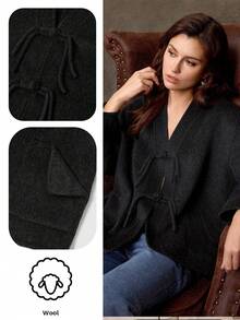 Lilora Mantel Wol Campuran Warna Polos Kasual Wanita dengan Dua Saku, Musim Gugur/Dingin, Gaya Klasik, Bahan Fleece, Cocok untuk Konser, Pakaian Musim Dingin Wanita, Gaya Cina - Hitam - View 9