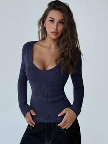 Aloruh New Fashionable Deep V-Neck Long Sleeve Fitted Vintage Cable Knit Pullover Sweater, Versatile Knit Top For Young Women In Fall/Winter,Fall,Fall Clothes For Women - Navy Blue - View 8