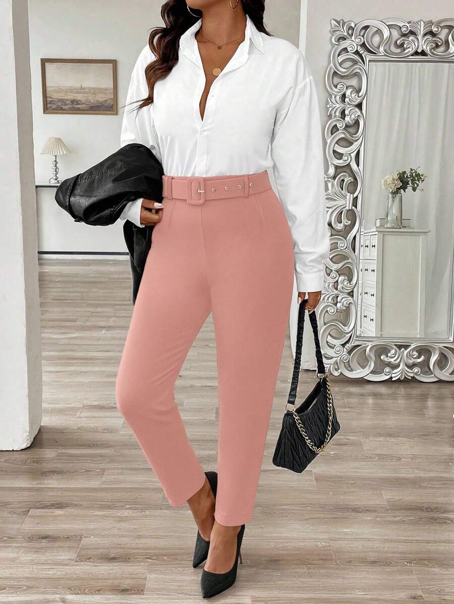 SHEIN Clasi 大码女式纯色直筒优雅办公裤 - 粉色 - 查看 1