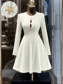 Franclia Women's White Gold Cable-Knitted Dress,Elegant Autumn Tea Party Round Neck Hollow Shoulder Long Sleeve Sweater Umbrella Hem Slim Fit Wedding Dress - Apricot - View 3