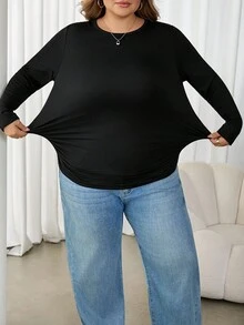 SHEIN CURVE+ 冬季加厚圆领修身长袖保暖T恤，休闲日常穿着，适合节日和感恩节穿着 - 黑色 - 查看 5