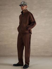 STYNVO 男士休闲套头拉链立领卫衣和运动裤套装，棕色两件套，秋季服装 - 彩色 - 查看 5