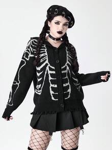 ROMWE Halloween  Gothic Skeleton Jacquard Distressed Design Hooded Cardigan Sweater For Women - Black - View 6