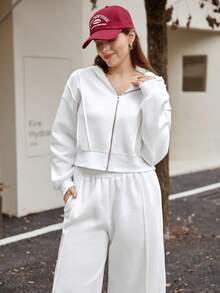 Calvaya Plus Size Casual Solid Color Short Hoodie And Wide Leg Pants Set - White - View 6