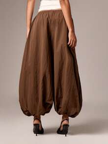AiiRZ High Rise Harem Wide Leg Palazzo Pants Balloon Trousers With Drawstring Elastic Waistband Autumn Winter Fashion - Coffee Brown - View 3