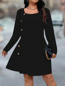 Plus Size Women Casual Everyday Commute Simple Solid Color Square Neck Button Decor Loose Dress - Black - View 3