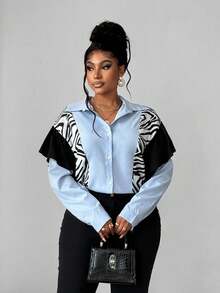 Maweii 大码秋季休闲拼布斑马纹前扣荷叶边长袖衬衫 - 彩色 - 查看 2