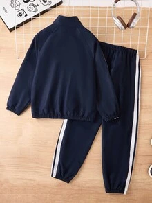 2pcs/Set Jaket Kasual Kerah Tegak Setengah Resleting untuk Anak Laki-laki dengan Desain Pita, Cocok untuk Sekolah, Perjalanan, dan Pakaian Olahraga di Musim Gugur/Dingin - Navy Blue - View 2