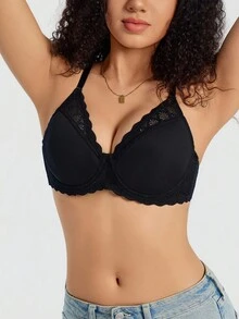 SHEIN 1pc Lace Underwire Thin Padded Simple Basic Bra - Black - View 8