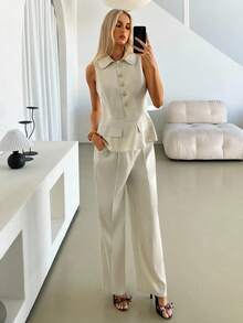 Siren Gaze Women's Sleeveless Ruffle Hem Vest Top And Long Pants Set, Elegant Office Lady 2 Pieces Outfit, Suitable For All Seasons