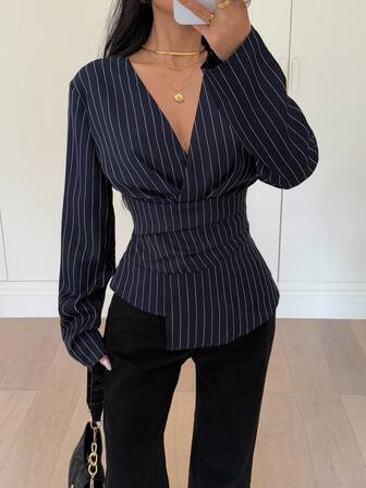 Siren Gaze New Autumn And Winter Waist Striped Long-Sleeved Shirt, Navy Blue Old Money Style Fashionable Commuter Shirt For Women,Fall,Fall Clothes For Women Elegant