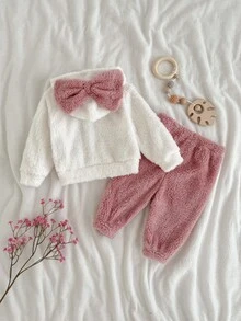 Loomiva Newborn Baby Girl 2pcs/Set Contrast Bow Fleece Crew Neck Long Sleeve Hoodie Sweatshirt And Elastic Waist Ankle Length Pants - Multicolor - View 6