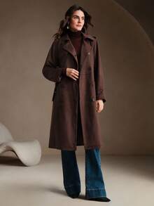 Anewsta 棕色方领双排扣长款麂皮风衣，配腰带，优雅别致，适合秋季、冬季、新年、圣诞节、外出穿着 - 咖啡棕 - 查看 6