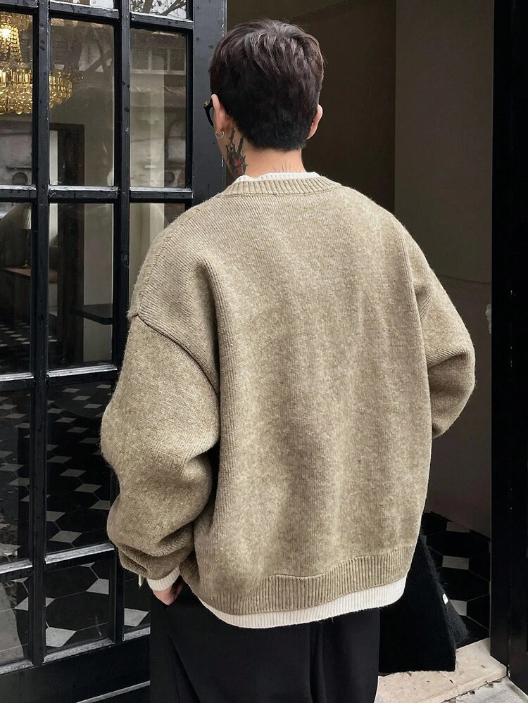 Men's Solid Color Contrast White Cardigan, Autumn, Grunge Style