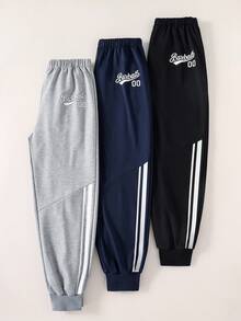 SHEIN 3 件套年轻男孩时尚黑色、灰色、海军蓝柔软、舒适、易穿裤子套装，适合户外、学校、旅行等所有场合，设计多样 - 彩色 - 查看 1