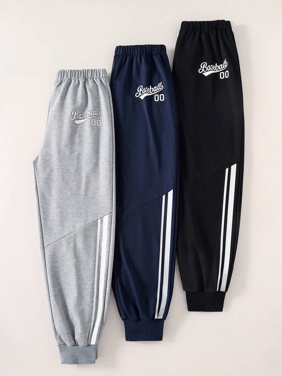 SHEIN 3 件套年轻男孩时尚黑色、灰色、海军蓝柔软、舒适、易穿裤子套装,适合户外、学校、旅行等所有场合,设计多样 - 彩色 - 查看 1