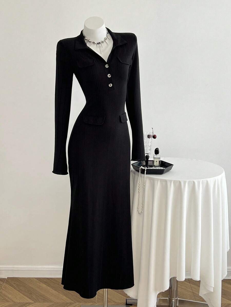 Elamini Black Vertical Striped V-Neck Bodycon Casual Dress For Women - Black - View 1